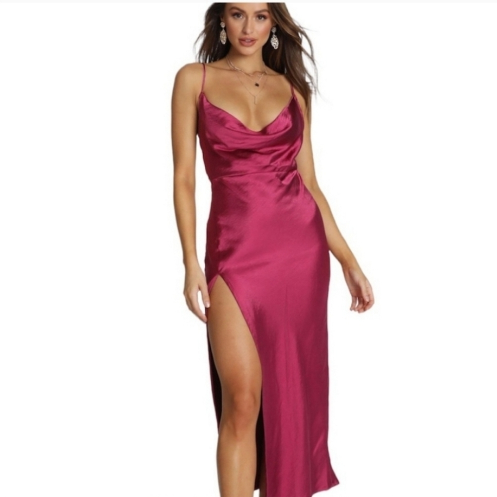 Princess Polly Lioness Walk the Line Magenta Satin Maxi Dress. Slip Maxi dress.